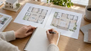 規格住宅と自由設計の間取り図を並べて比較する様子をイメージする写真