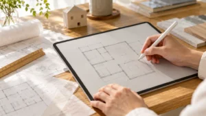 タブレットに手描きで間取りのラフ案を描くイメージ