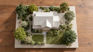 住宅の庭の植栽計画を上から見下ろした模型のイメージ